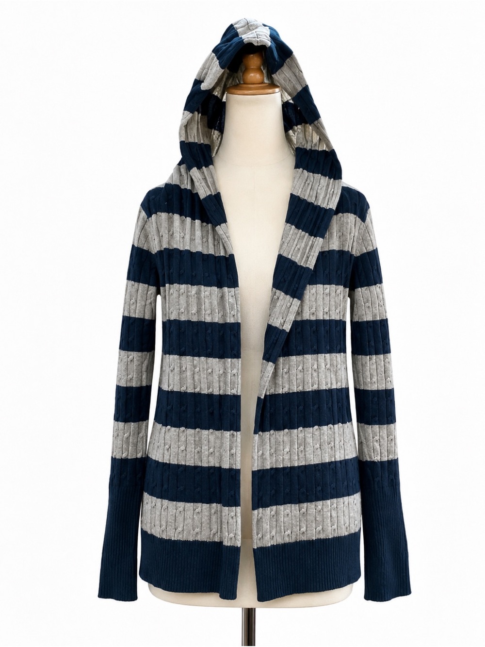 Y2K Cardigan Hooded Cotton Sweater Ribbed Striped Open Front Vintage Medium